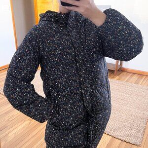 Numph Anthro Black Bohemian Floral Printed Winter Long Quilted Puffer Coat XS